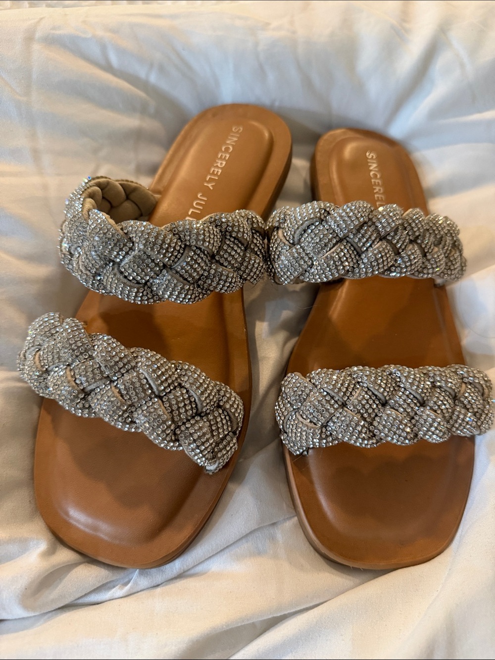 Sincerly Jules Silver Braided Crystal Double-Strap Slide Sandals NEW! Size 7.5